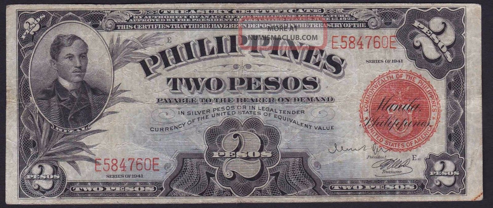 Us Philippines Banknote 2 Pesos 1941 Treasury Certificate Sn E584760e