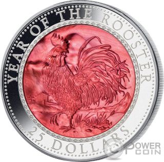 Rooster Mother Of Pearl Lunar Year Series 5 Oz Silver Coin 25$ Cook Islands 2017 photo