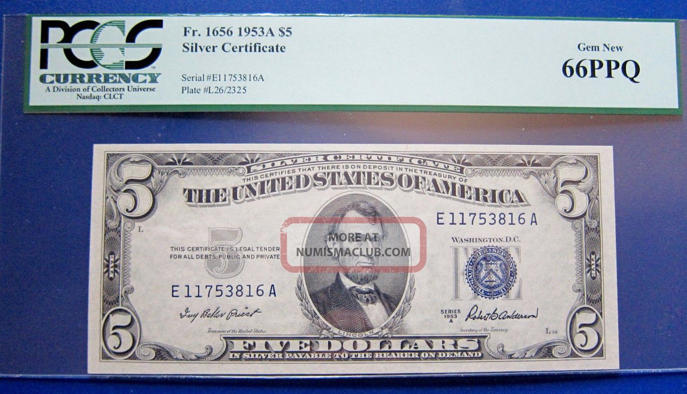 $5 1953a Silver Certificate Fr.  1056 Pcgs66 Gem Uncirculated Small Size Notes photo