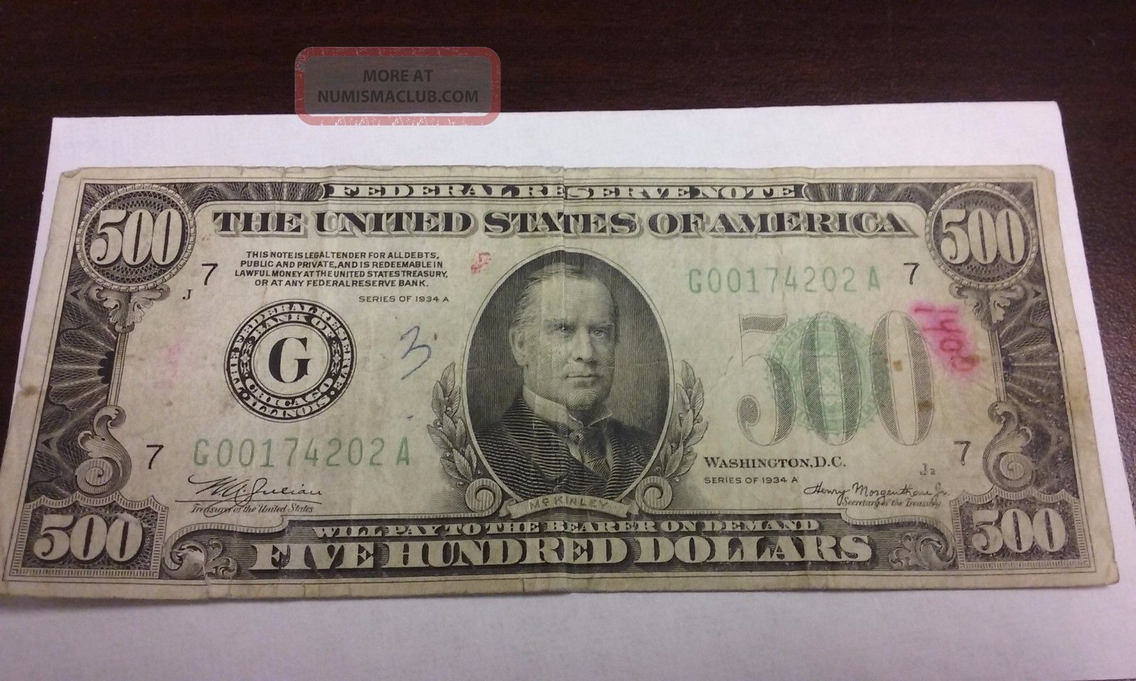 1934 - A Series $500 Mckinley Chicago Frn Federal Reserve Note Circulated Bill Small Size Notes photo