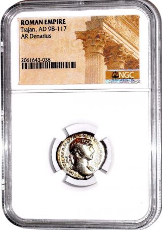 Emperor Trajan Denarius Roman Silver Coin,  Ngc Certified Circa 98 Ad photo