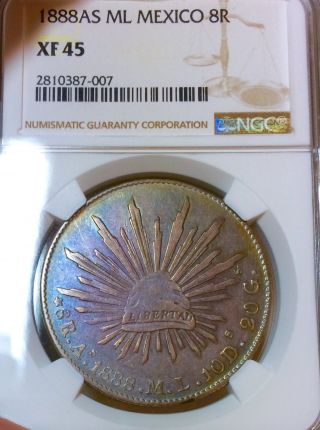 1888 As Ml Mexico 8 Reales Toned - Ngc Xf 45 Cert 2810387 - 007 photo