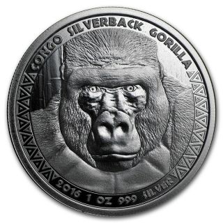 2016 1 Oz Congo Silver Silverback Gorilla Coin (bu) - Sku 0484 photo