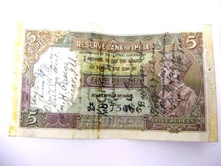 India 5 Rupees King George Vi Lion Rare British Gb Uk Bank Note Snorter photo