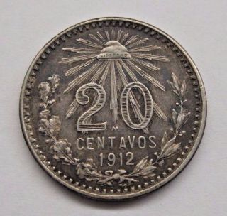 1912 Mexico 20 Centavos; Better Date Au Dark Toned.  See Details And Pictures. photo