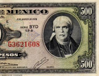 Mexico 1974 $500 Pesos Morelos Serie Byd (g3621608) Banknote photo