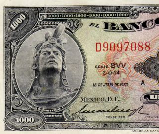 Mexico 1973 $1000 Pesos Cuauhtemoc Serie Bvv (d9097088) Banknote photo