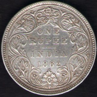 British India 1862 Victoria Empress One Rupee Silver Coin 1/2 Dot Variety Rare photo