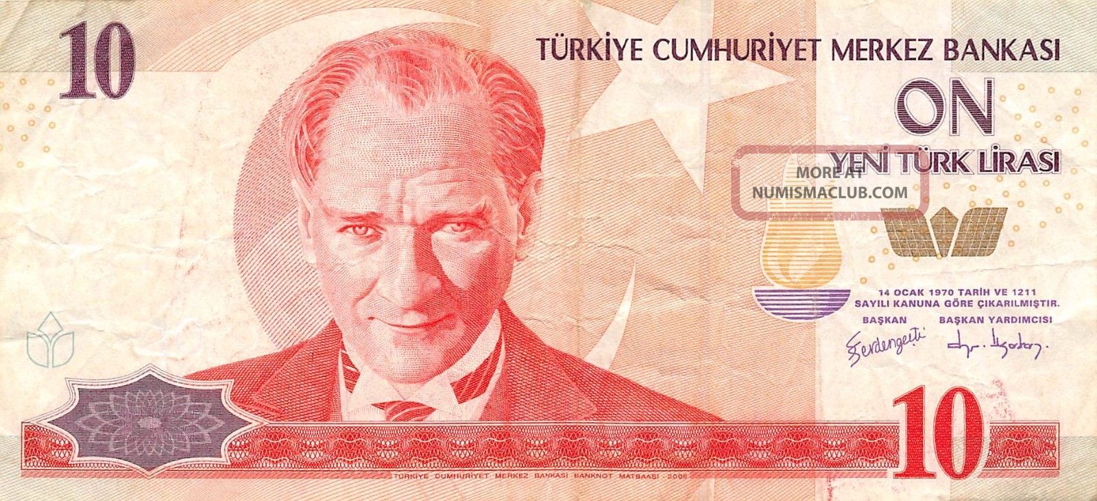 Turkey 10 Lira 2005 P 218 Series H33 Circulated Banknote,  E1 Europe photo