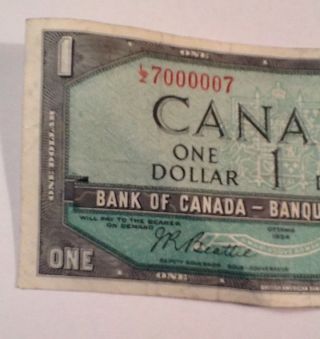 1954 Canada $1 One Dollar Note.  Lz 7000007.  Radar Note.  Elizabeth Ii photo
