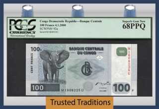 Tt Pk 92a 2000 Congo Democratic Republic 100 Francs Elephant Pcgs 68 Ppq photo