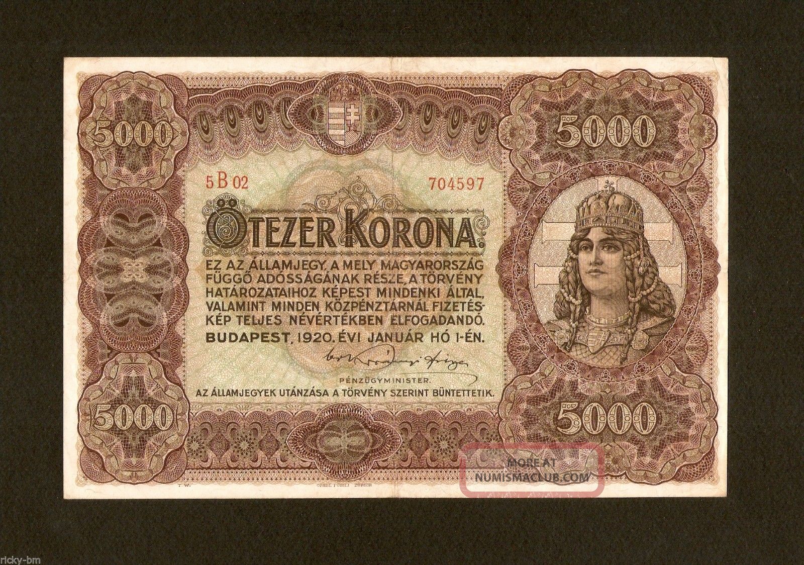 Hungary Ungarn 5000 5.  000 Korona 1920 Vf.  Huge Banknote.  Pick 67.  Very Rare Europe photo