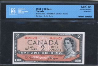 1954 $2 Bank Of Canada Devil ' S Face Cccs Gem Unc - 65.  Bc - 30b.  Bv $450 photo