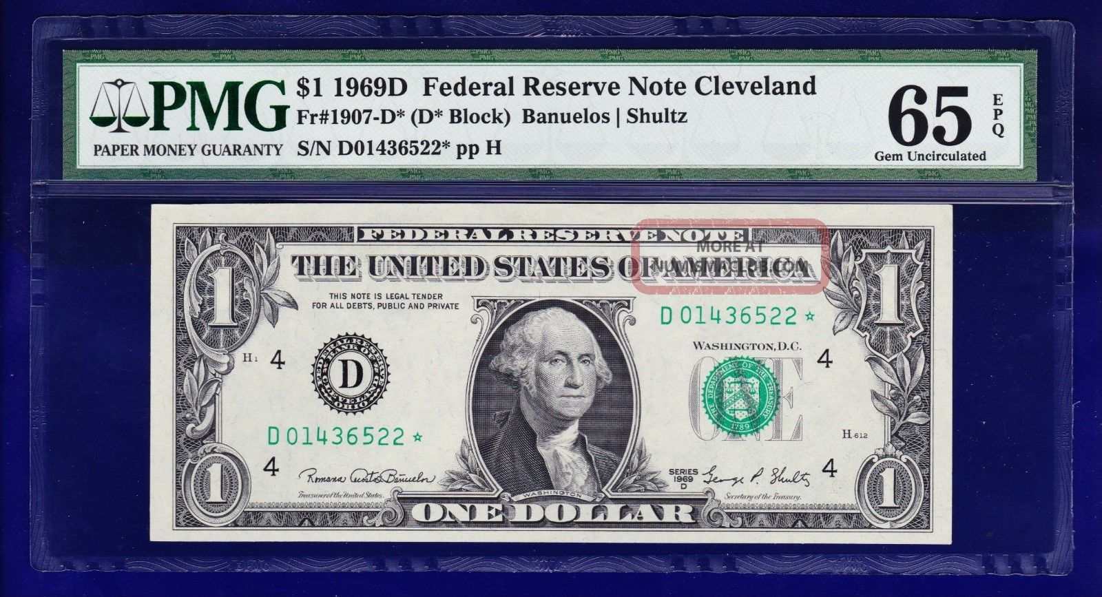 1969 - D $1 Federal Reserve Note Frn Unc D - Star Pmg Gem 65 Epq Small Size Notes photo