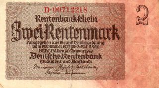 Xxx - Rare German 2 Rentenmark 3.  Reich Nazi Banknote 1937 Fine Con photo