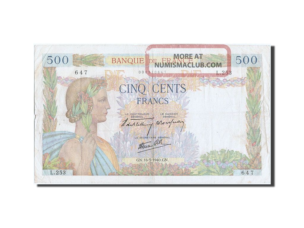 [ 206818] 500 Francs Type La Paix,  P.  95a,  16 Mai 1940 Europe photo