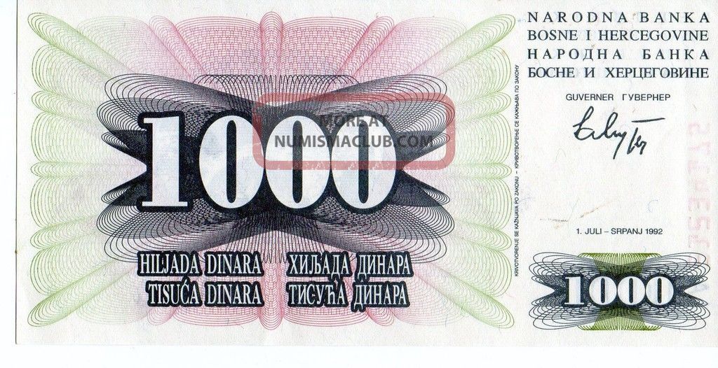 Bosnia 1992 1000 Dinara Currency Unc Europe photo