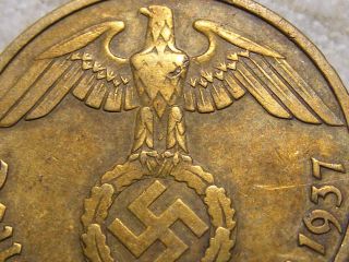 1937 Rare Old Wwii Nazi Hitler Germany 3rd Reich Brass Reichspfennig War Coin photo