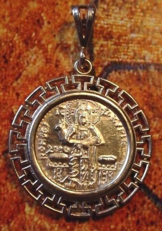 Christ Enthroned Solid.  999,  Silver Greek Key Medallion Byzantine Icon Pendant photo