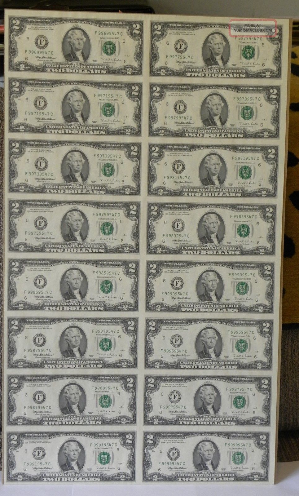 2 Dollar Bill 1995 Series - Uncut Sheet Of 16 Small Size Notes photo