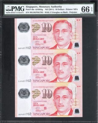 Singapore Portrait Series $10 Identical Numbers 3 In 1 Uncut Sheet Pmg 66 Epq photo