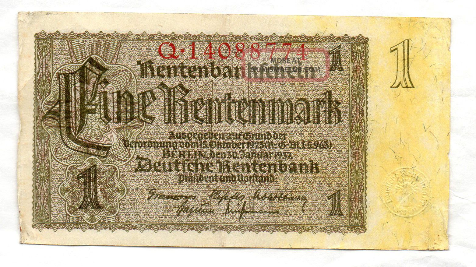 Xxx - Rare German 1 Rentenmark 3.  Reich Nazi Banknote 1937 Fine Con Europe photo