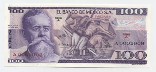 Mexico 100 Pesos 30 - 5 - 1974 Pick 66.  A Unc Banknote Serie A Serial A0002908 photo
