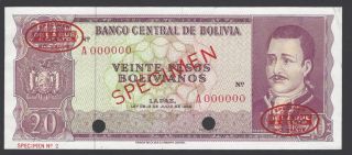 Bolivia 20 Pesos Bolivianos L.  1962 P155s Specimen Tdlr N2 Uncirculated photo