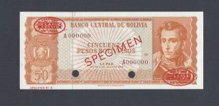 Bolivia 50 Pesos Bolivianos 13 - 7 - 1962 P162s Specimen Tdlr N1 Aunc - Unc photo