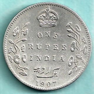 British India - 1907 - King Edward Vii - One Rupee - Rare Variety Silver Coin photo