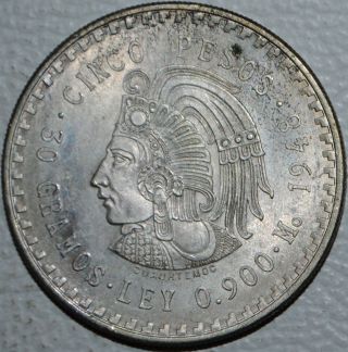 Mexico 1948 Cuauhtemoc Silver 5 Pesos Mexican Coin photo