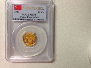 Chinese 2013,  1/10th Oz.  50 Yuan,  Gold Panda Coin,  First Strike,  Pcgs Ms - 70 photo