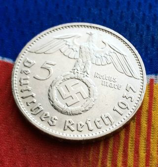 Ww2 1937 D 5 Mark German Silver Coin Third Reich Swastika Reichsmark photo