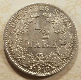 1916 - D German Empire (1871 - 1922) Silver Half (1/2) Mark Coin.  Collector ' S Choice photo
