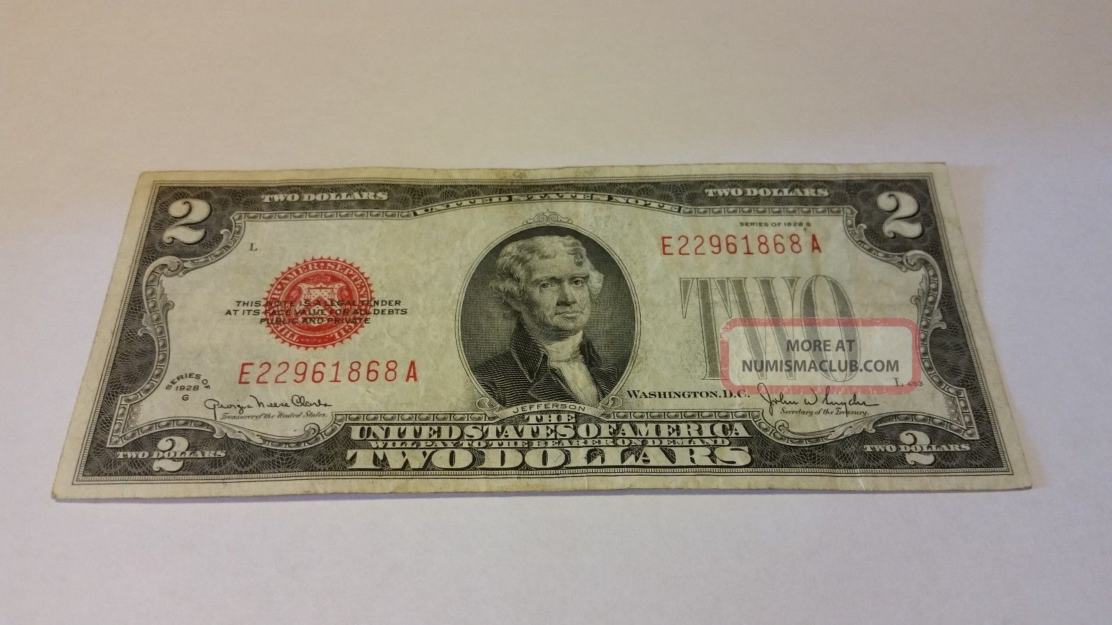 1928 G Red Seal Us $2 Two Dollar Bill Legal Tender Note Currency 68a Small Size Notes photo