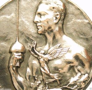 The Man With The Sword - Fencer & Victory Angel - 1932 Antique Art Medal Pendant photo