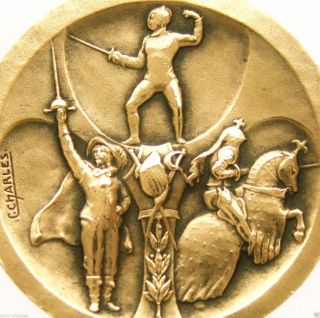 Fencer,  Musketeer,  Knight Decors Splendid 1934 Antique Art Medal Signed C.  Charl photo