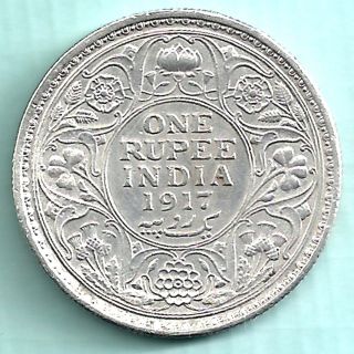 British India - 1917 - King George V Emperor - One Rupee - Rare Silver Coin photo