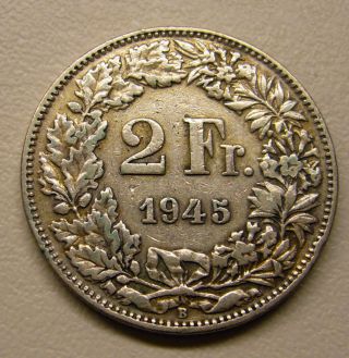 1945 Swiss 2 Franc Silver Coin photo