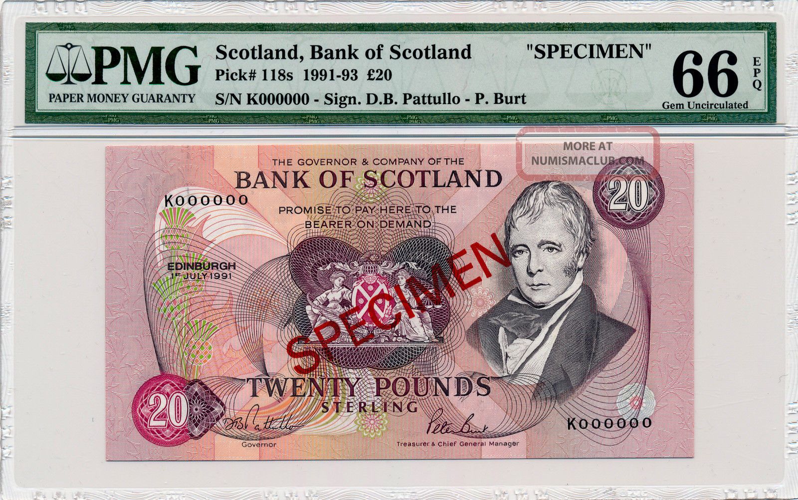 Bank Of Scotland Specimen Scotland 20 Pounds 1991 Spec. ,  000000 Pmg 66epq Europe photo