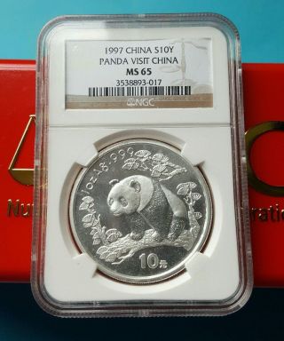 1997 China 10y Silver Panda Visit China 1 Troy Oz.  999 Silver Coin Ngc Ms 65 photo