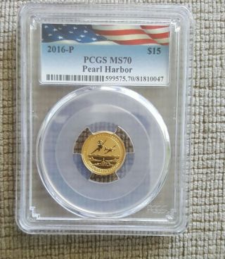 2016 - P $15 Pearl Harbor Perth 1/10 Oz.  9999 Gold Coin Pcgs Ms70 photo