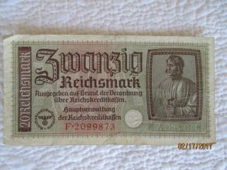 Germany Ww2 Swastika 20 Reichmark Banknote photo