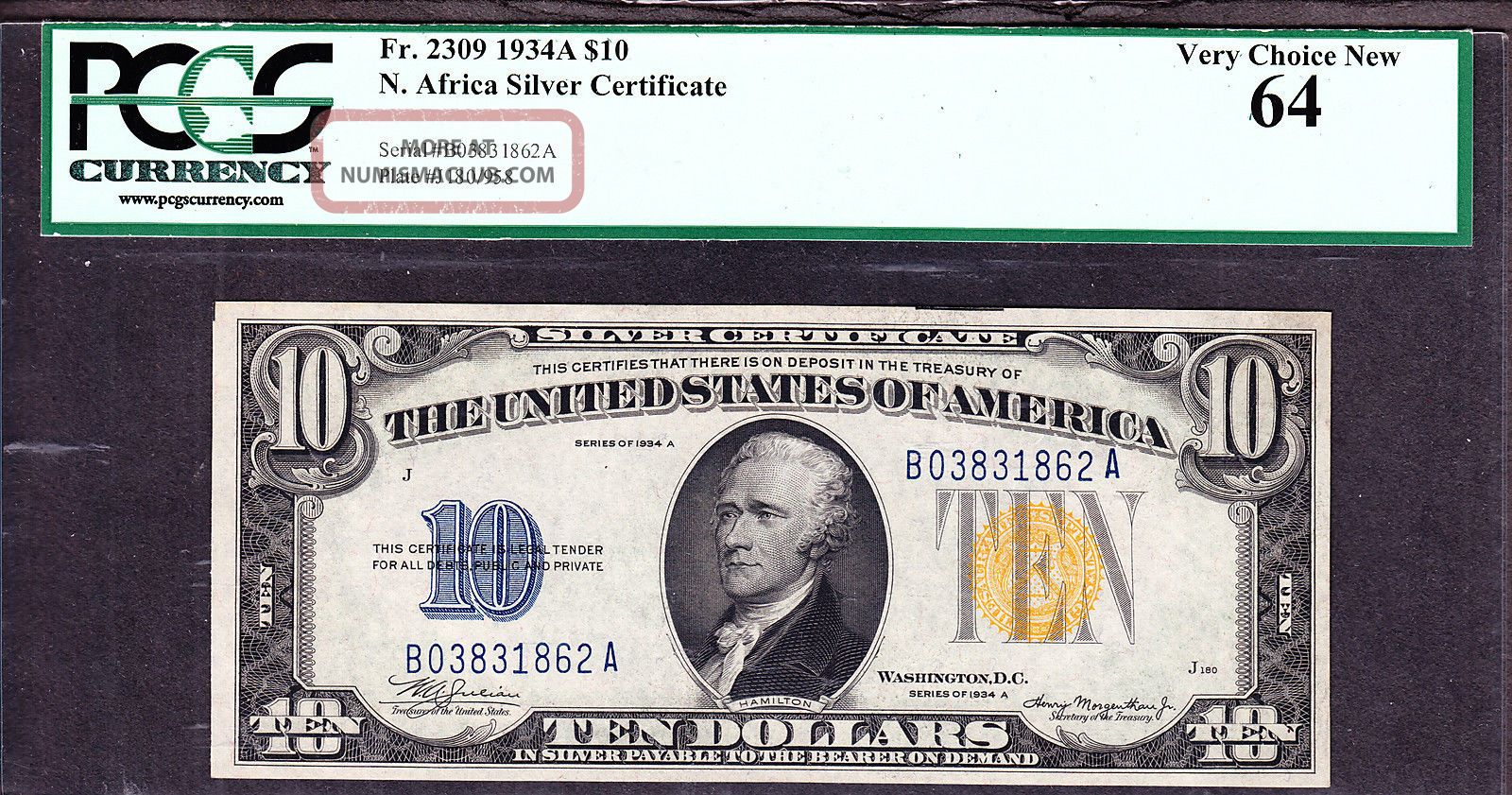 Us 1935 $10 North Africa Provisional Silver Cert Fr 2306 Pcgs 64 V Ch Cu (- 862) Large Size Notes photo