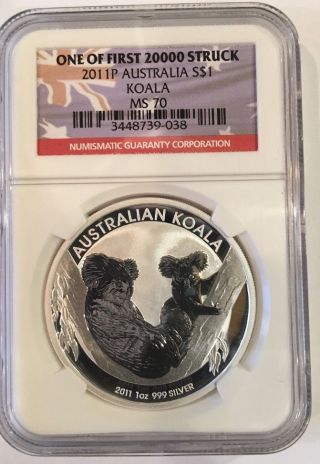 2011 Ngc Ms70 One Of First 20000 Struck Silver Australia Koala $1 Coin photo