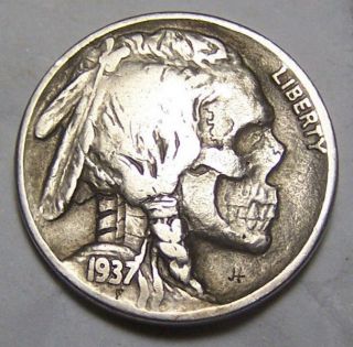 Hobo Nickel John Hughey Western Indian Human Skull Real Buffalo Coin Carving Jh photo