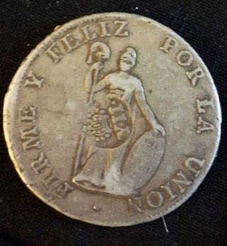 1827 Por La Union Firme Y Feliz Repub.  Peruana M 8r Mm Counter Struck U - Grade photo