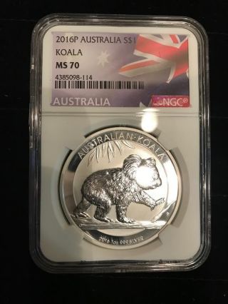 2016 P Australia 1oz Silver Koala Ngc Ms70 - Flag Label photo
