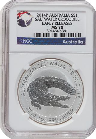 2014 1oz Australian Silver Saltwater Crocodile (ngc Ms70 Blue Label/early Release photo