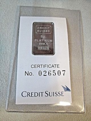 5 Gram Credit Suisse Valcambi 999.  5 Platinum Fractional Bar (in Assay) photo